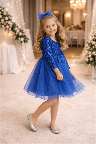 4-12 Yaş Grenli Kadife Payetli Kız Çocuk Abiye Elbise Sax