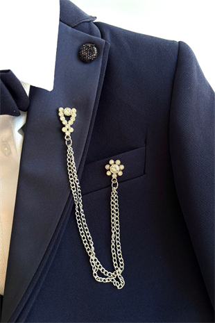 3-14 Yaş Premium Double Yaka Zincirli Erkek Çocuk Damatlık Lacivert