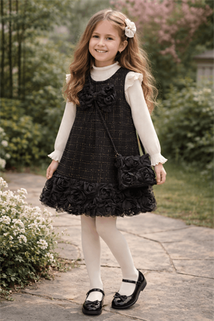 2-10 Yaş Gül Etekli Çantalı Salopet Takım Siyah
