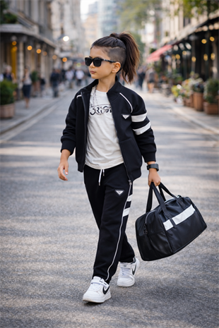 5-14 Yaş PR Biyeli Ceketli Erkek Çocuk Eşofman Takımı Siyah