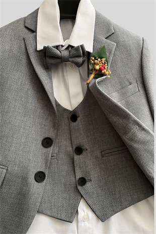 Yaka Çiçekli Yelekli Erkek Çocuk Takım Elbise Gri