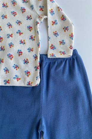 Çiçek Desen Kız Bebek Pijama Takımı Mavi