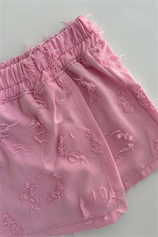3-10 Yaş İpli Gömlekli Şort Etekli Kız Çocuk Takım Pembe