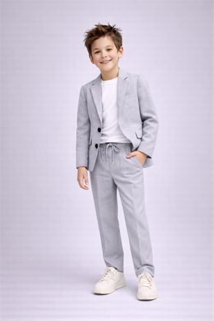 2-13 Yaş Premium Tişörtlü Başak Doku Keten Çocuk Takım Elbise Gri