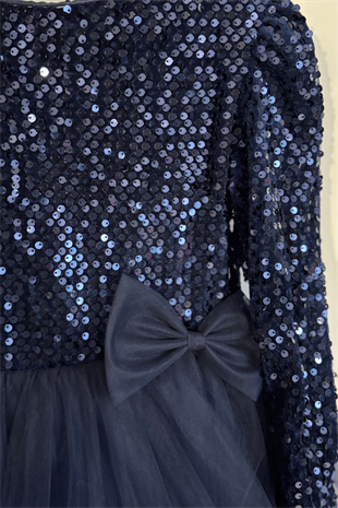 4-12 Yaş Grenli Kadife Payetli Kız Çocuk Abiye Elbise Lacivert