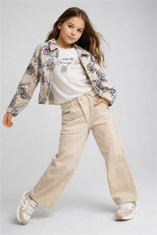 8-12 Yaş Nakış Yaprak Desenli Kız Çocuk Takım Krem