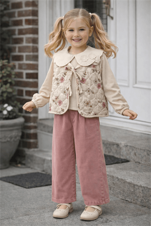 3-7 Yaş Bebe Yaka Bluz Çiçekli Yelek ve Kot Pantolonlu 3lü Kız Çocuk Takım Pembe