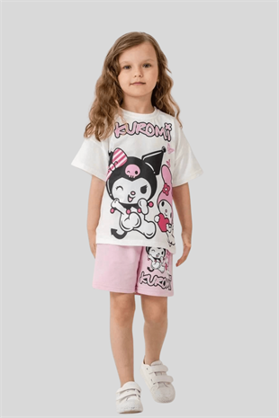 3-10 Yaş Baskılı Kuromi Şortlu Kız Çocuk Takım Pembe