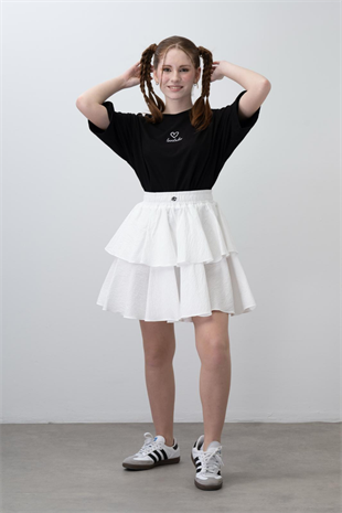 9-15 Yaş Bel Lastik Detay Kat Kat Etek Tişört Kız Takım Siyah