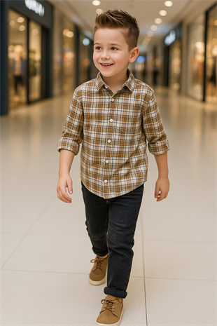 5-14 Yaş Kareli Gömlek Kot Pantolon Takım Sarı