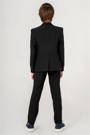 3-14 Yaş Gofre Rozetli Tişörtlü Çocuk Takım Elbise Siyah