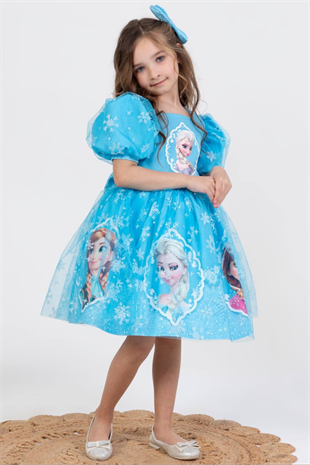 Elsa Kısa Kol Kız Çocuk Elbise Mavi Karlar Ülkesi