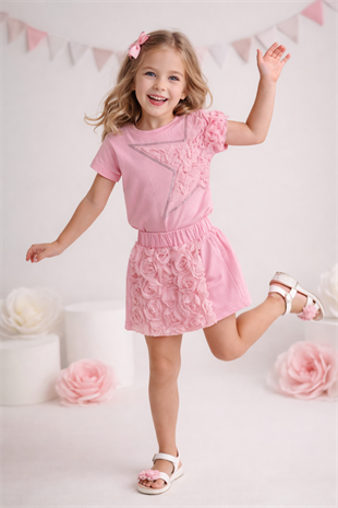 4-10 Yıldız Detay Şort Etekli Güllü Takım Pembe