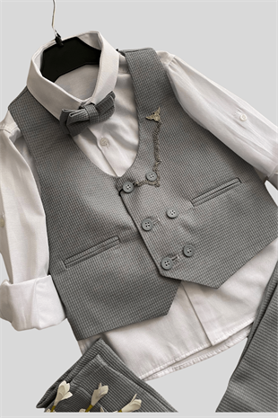Matrix Yelekli Zincirli Erkek Çocuk Takım Elbise Gri