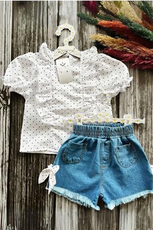 3-10 Yaş Fırfır Detay Bluz Yanları Yırtmaçlı Kurdela Detay Kot Şort Kız Takım