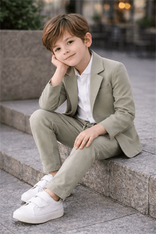 2-5 Yaş Nona Ceketli Keten Gömlekli Erkek Takım Elbise Çağla Yeşili