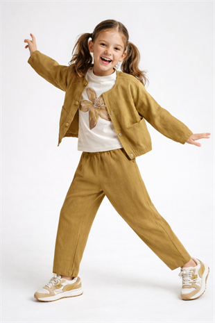 4-8 Yaş Düğmeli Ceketli Bohem 3lü Kız Çocuk Takım Yağ Yeşili