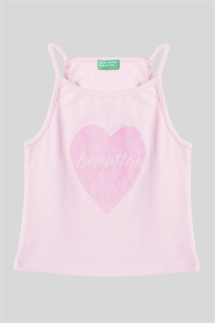 4-14 Yaş Benetton Kalp Baskılı Kız Çocuk Atlet Pembe