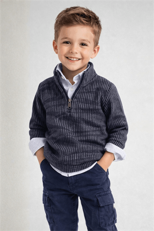 2-9 Yaş Premium Çizgi Detay Şişme Yelekli Pantolonlu 4lü Erkek Çocuk Takım Lacivert