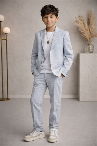 3-14 Yaş Vega Premium Çizgili Kolyeli Keten Çocuk Takım Elbise Bebe Mavi