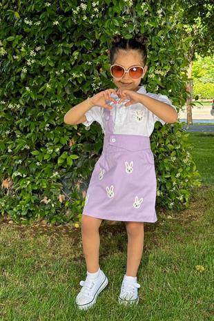 2-10 Yaş Tavşan Detay Gömlek Salopet Set Lila