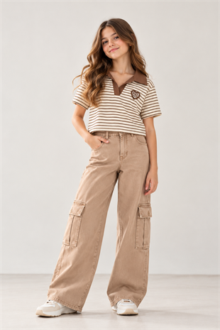 8-14 Yaş Polo Yaka Çizgili Crop Cappuccino