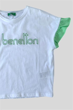 4-14 Yaş Benetton Kolları Fırfırlı Kız Çocuk T-shirt Beyaz