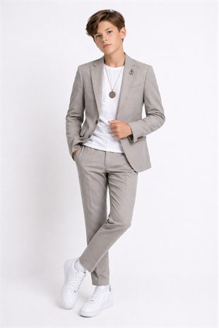 3-14 Yaş Oscar Tişörtlü Kolyeli Erkek Çocuk Takım Elbise Mezuniyet Gri