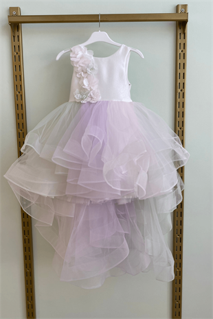 3-7 Yaş Etekleri Renkli Arkası Uzun Kız Çocuk Abiye Elbise Beyaz