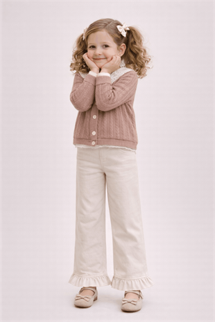 4-8 Yaş Dantel Bebe Yaka Hırka Paça Detay Pantolon Kız Takım Sütlü Kahve