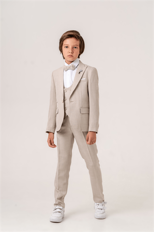 Premium Seri Mendilli Yelekli Ceketli Çocuk Takım Elbise Latte