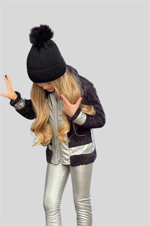 Deri Taytlı Ceketli Kız Çocuk Takım Siyah