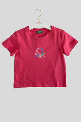 4-14 Yaş Benetton Sim Baskı Kız Çocuk Tişört Pembe