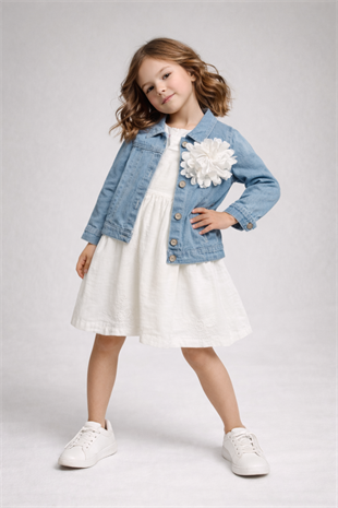 6-9 Yaş Kot Ceketli Kız Çocuk Elbise Beyaz