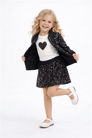 4-10 Payet Ceket ve Şort Etekli 3lü Kız Çocuk Takım Siyah