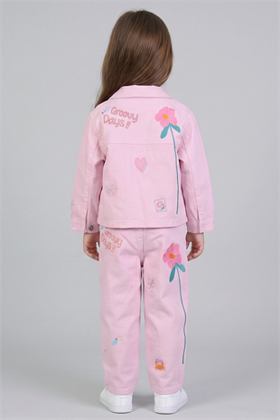 2-7 Yaş Great Nakışlı Gabardin 3lü Kız Çocuk Takım Pembe