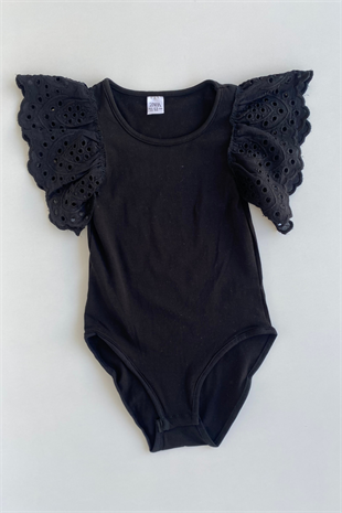 3-10 Yaş Omuzları Dantelli Kız Çocuk Bodysuit Siyah