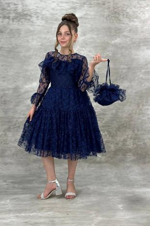 Yağmur Model Güpür Uzun Kol Çanta Dahil Kız Çocuk Elbise Lacivert