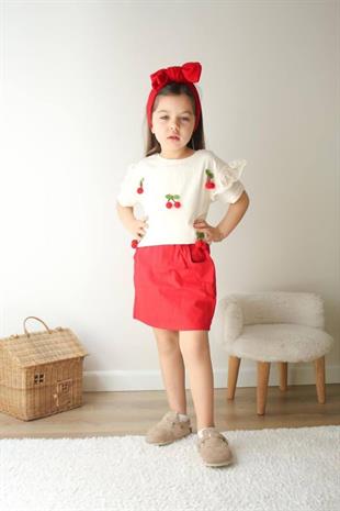 3-10 Yaş Kiraz Detay Kot Etekli Kız Çocuk Takım