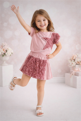 4-10 Yıldız Detay Şort Etekli Güllü Takım Gül Kurusu