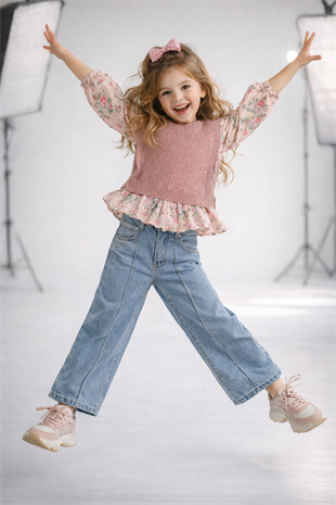 3-10 Yaş Triko Süveter Detay Gömlek Kot Takım Pembe