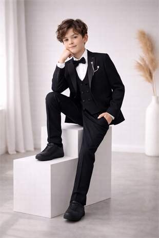 3-14 Yaş Premium Double Yaka Zincirli Erkek Çocuk Damatlık Siyah