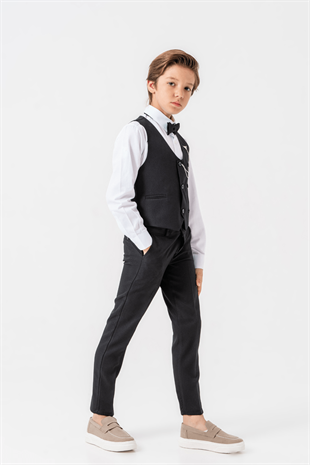 Zincir Detay Çift Düğmeli Erkek Çocuk Takım Elbise Siyah