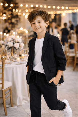 2-13 Yaş Premium Tişörtlü Başak Doku Keten Çocuk Takım Elbise Siyah