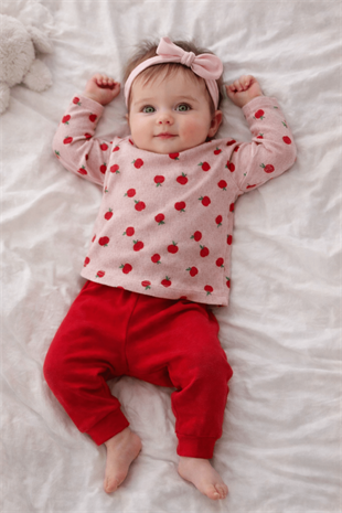 Elma Desen Kız Bebek Pijama Takımı Pembe