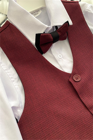 Yelekli Papyonlu Erkek Çocuk Takım Elbise Bordo