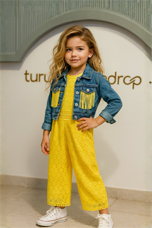 Kot Ceketli Dantelli Kız Çocuk Tulum Sarı