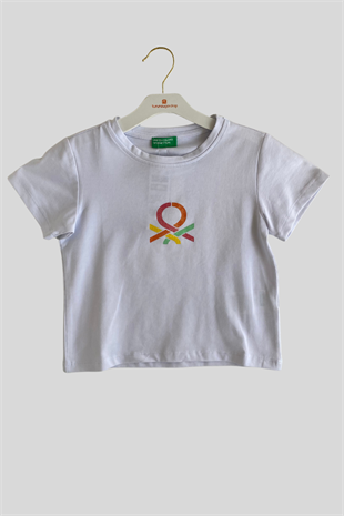 4-14 Yaş Benetton Sim Baskı Kız Çocuk Tişört Beyaz