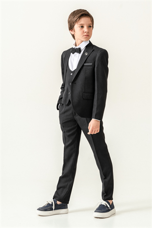 Premium Seri Mendilli Yelekli Ceketli Çocuk Takım Elbise Siyah