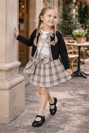 2-5 Yaş Premium Fiyonk Hırkalı Etekli Çantalı Kız Çocuk Takım Siyah